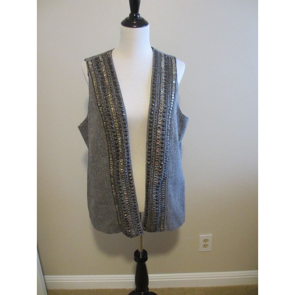 Chicos Travelers Gray Beaded Embellished Open Front Vest Size 1 Polyester Blend